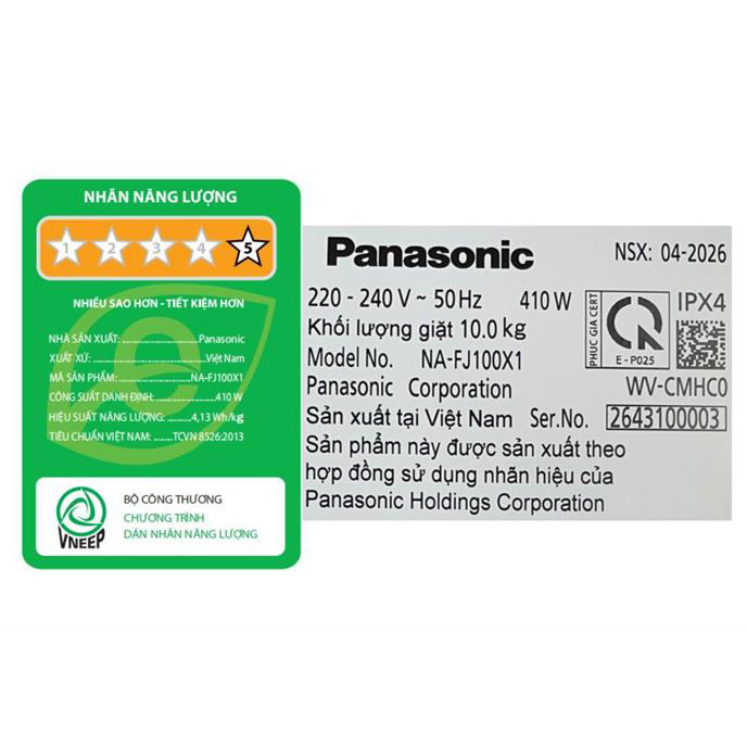 Máy giặt Panasonic Inverter 10kg NA-FJ100X1DV